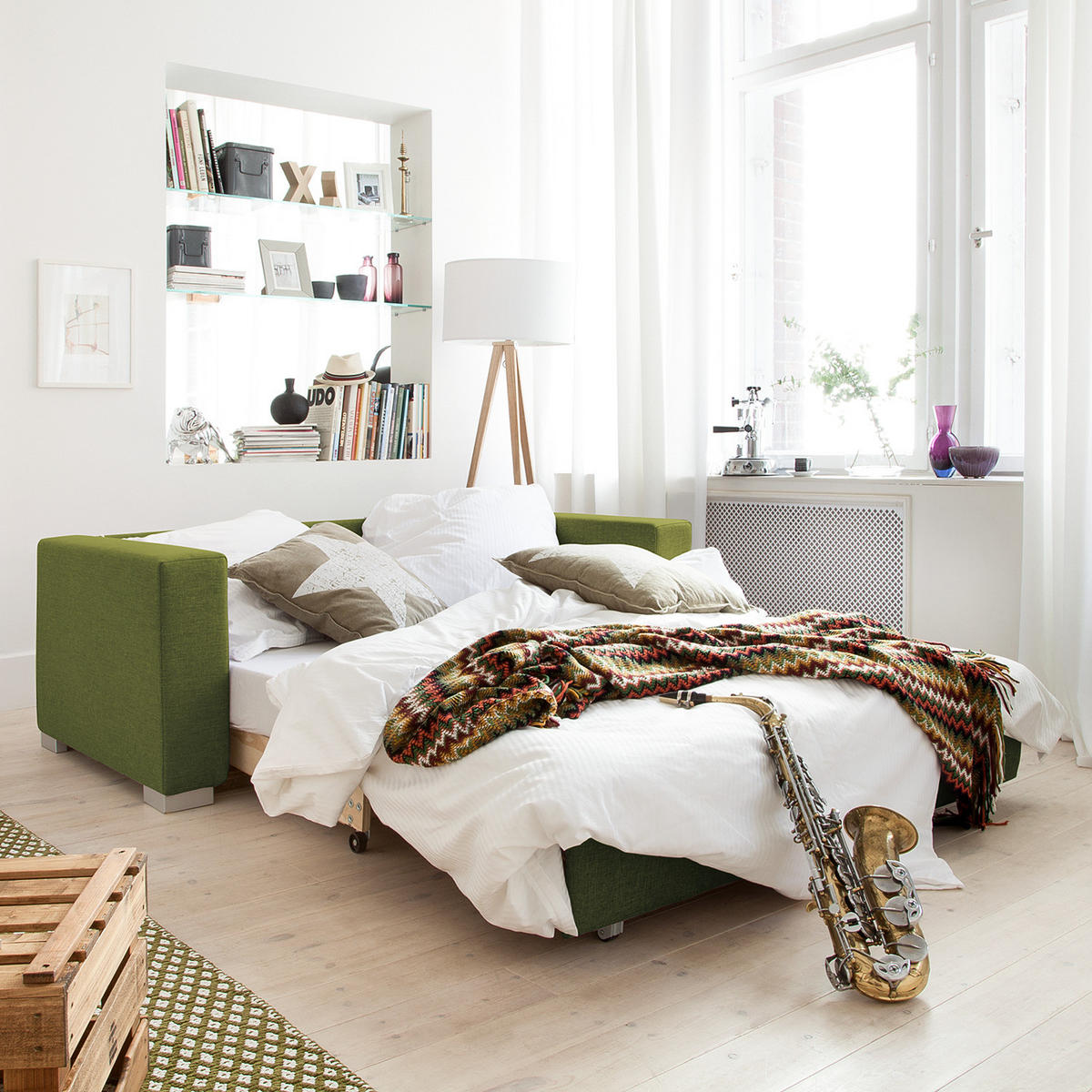 SCHLAFSOFA - Silberfarben/Grün, Textil (153/90/90cm) - home24