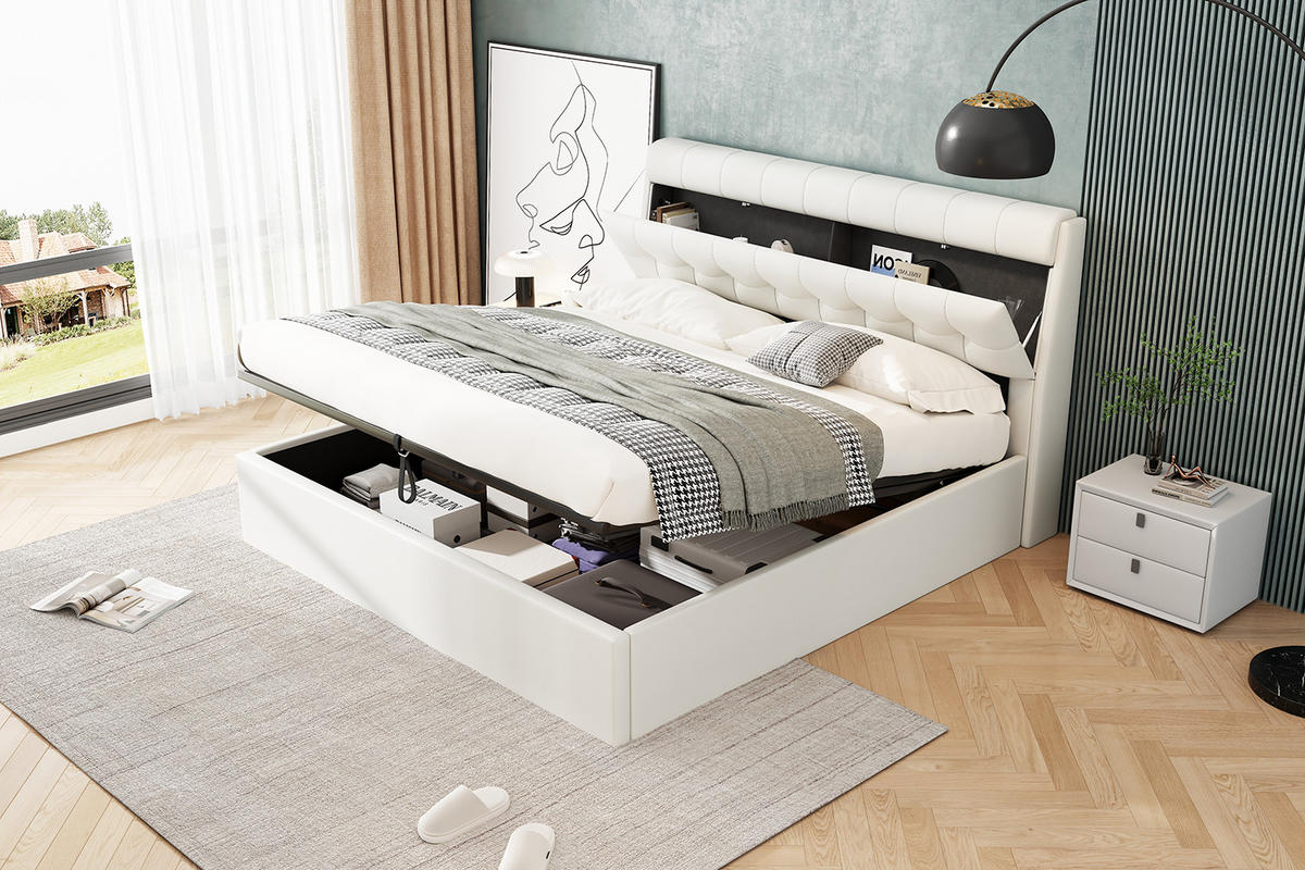 POLSTERBETT 140x200cm Weiß PU Mit Hydraulik & Verdecktem Stauraum - Weiß, Leder (140/200cm) - FLIEKS