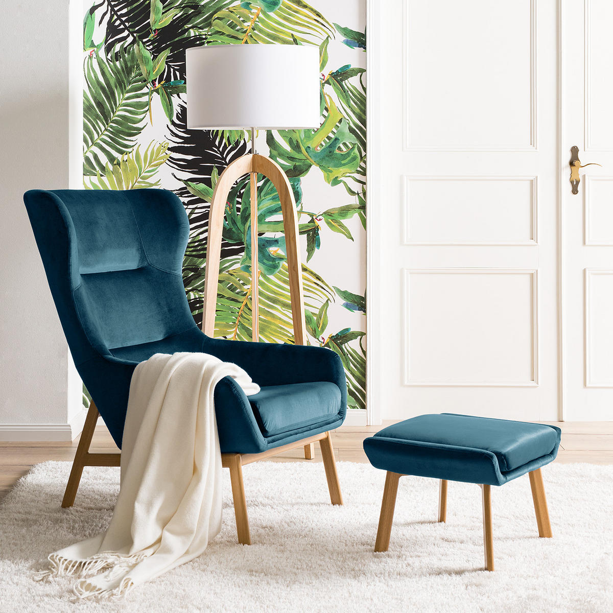OHRENSESSEL - inkl. Hocker - Samt - Marineblau - Blau/Beige, Textil/Metall (65/100/88cm) - home24