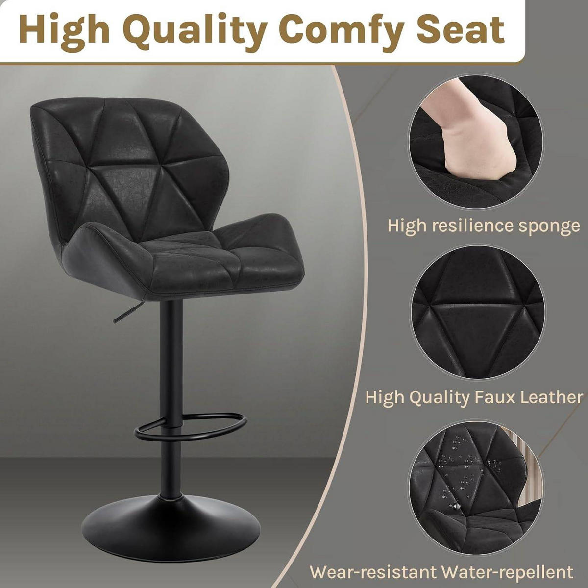 BARHOCKER 2er Set, höhenverstellbar,drehbar,Kunstleder Stahl - Schwarz, Metall (50/94/41cm) - Woltu