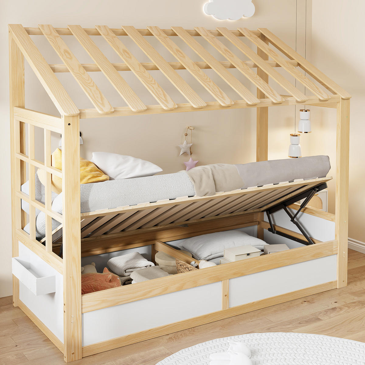 BETT 90/200 cm in Weiß/Natur mit Stauraum und Seitenfächern - Weiß, Holz (90/200cm) - Flora Grace