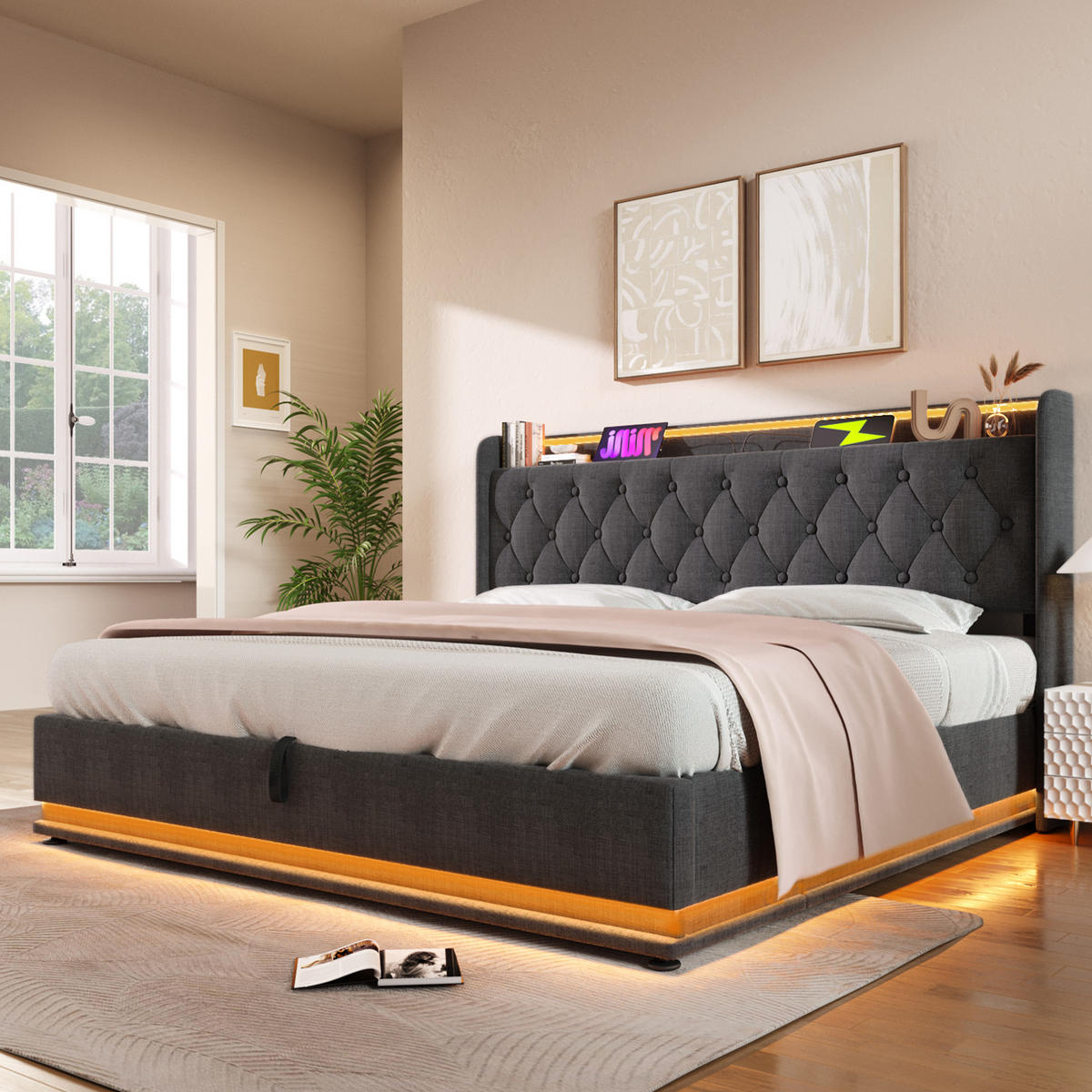 BETT mit Stauraum und LED 140x200 cm Leinen Grau - Grau, Metall (140/200cm) - Meubliv