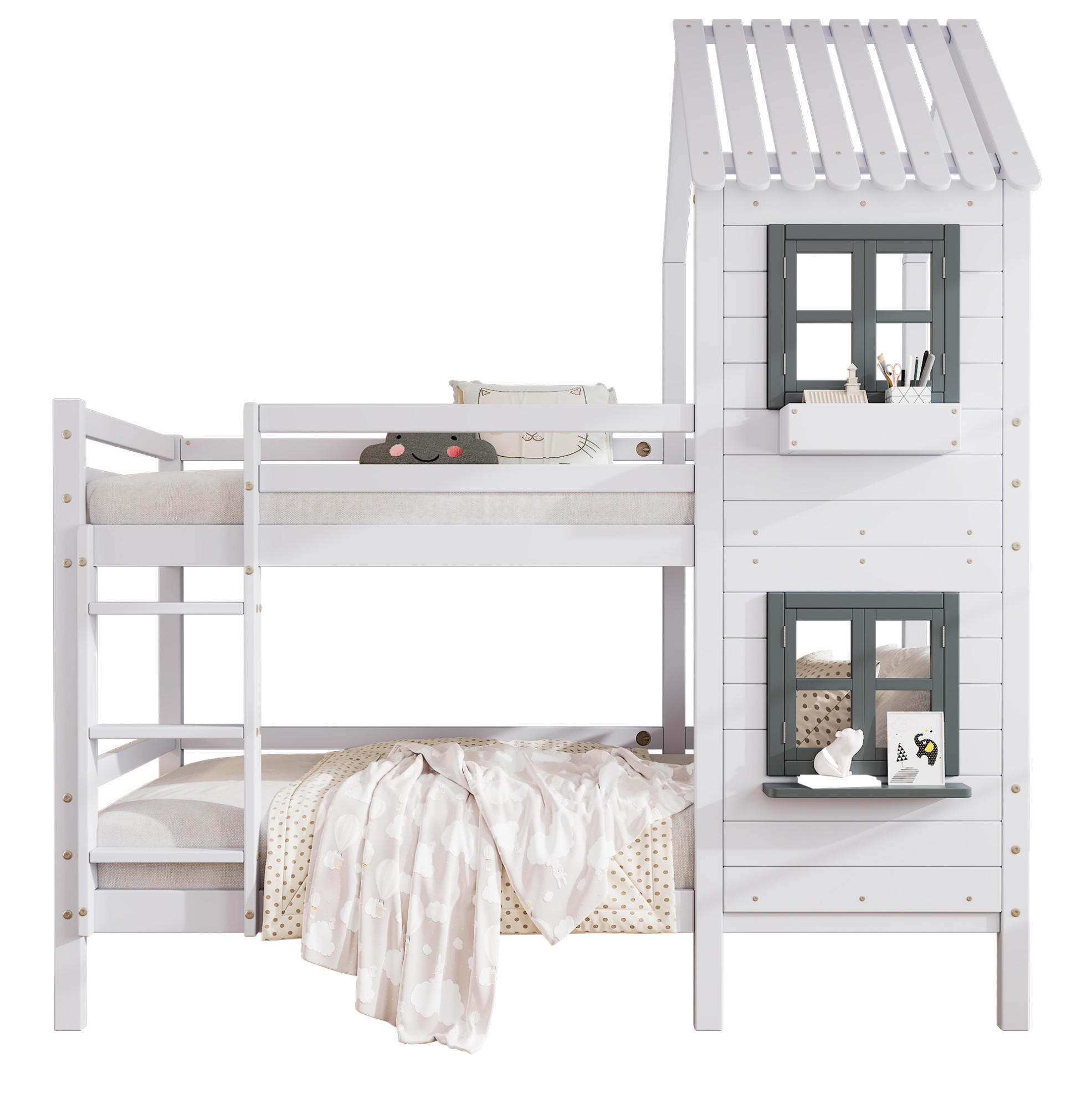 ETAGENBETT Hausbett mit Fenster und Leiter, Weiß, Kiefer/MDF, 90/200 cm - Weiß, Holz (90/200cm) - MIVRAY