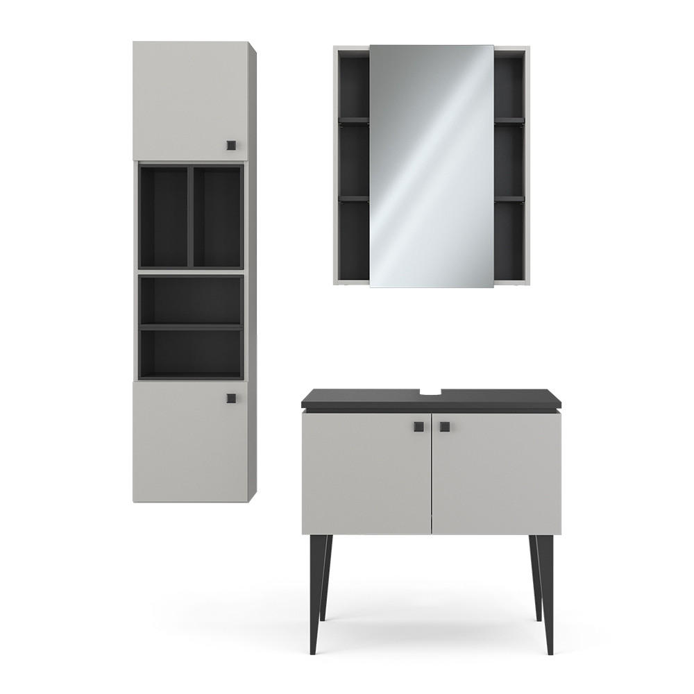 BADMÖBEL-SET Gerta Grau 3 Teile, Hängeschrank 2 Türen - Schwarz/Grau, Holzwerkstoff (80/79/50cm) - Vicco