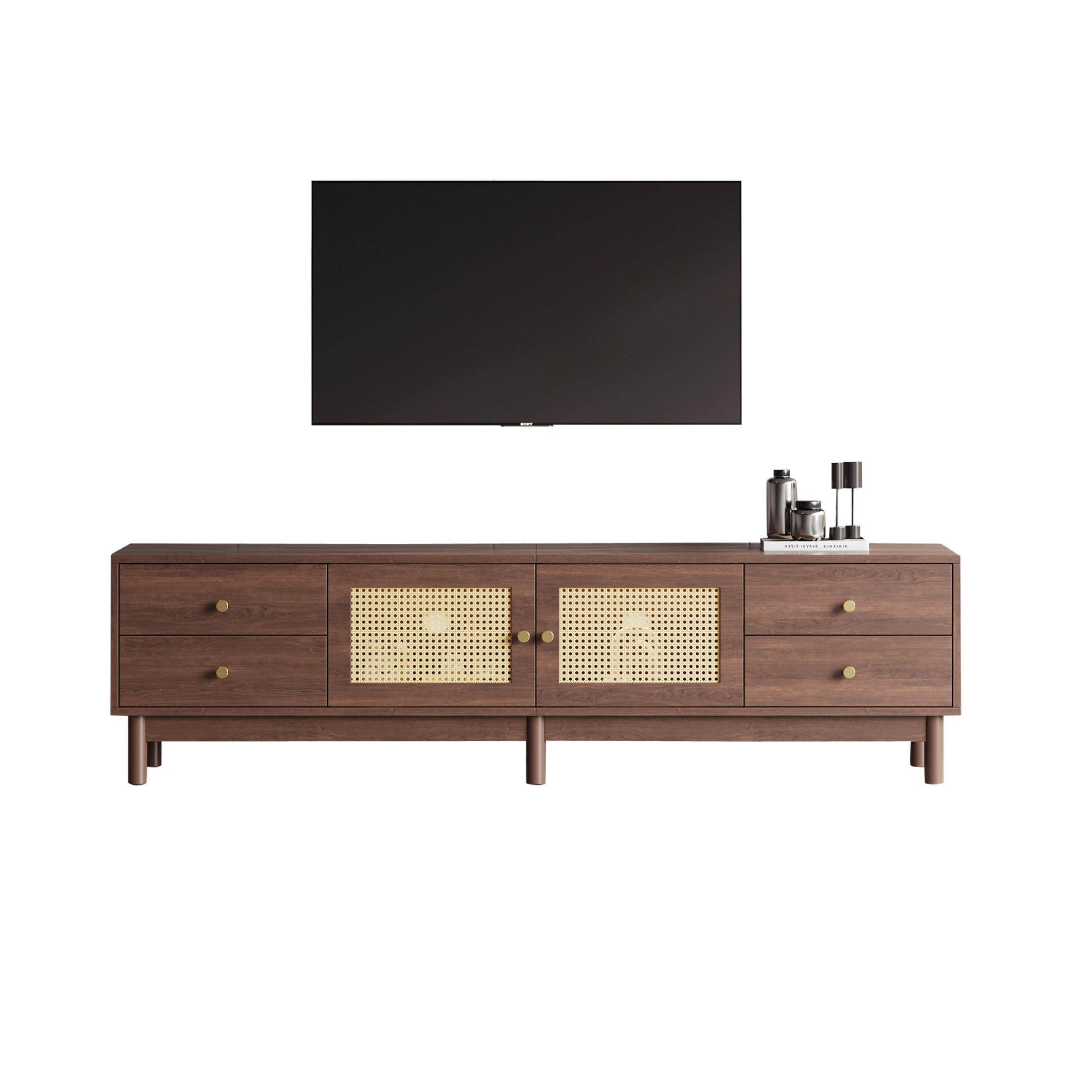 TV-SCHRANK aus Holzwerkstoff 180x35x44 cm Braun mit Rattantüren, 4 Schubladen, Kabelmanagement und hydraulischen Scharnieren - Rotbraun, Holzwerkstoff (180/44/35cm) - Modfu