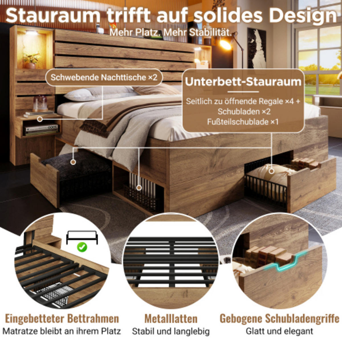 POLSTERBETT 160×200 cm aus Holz mit LED-Downlights und USB-C-Ladefunktion, eiche - Eichefarben, Holz (160/200cm) - Luhomfu