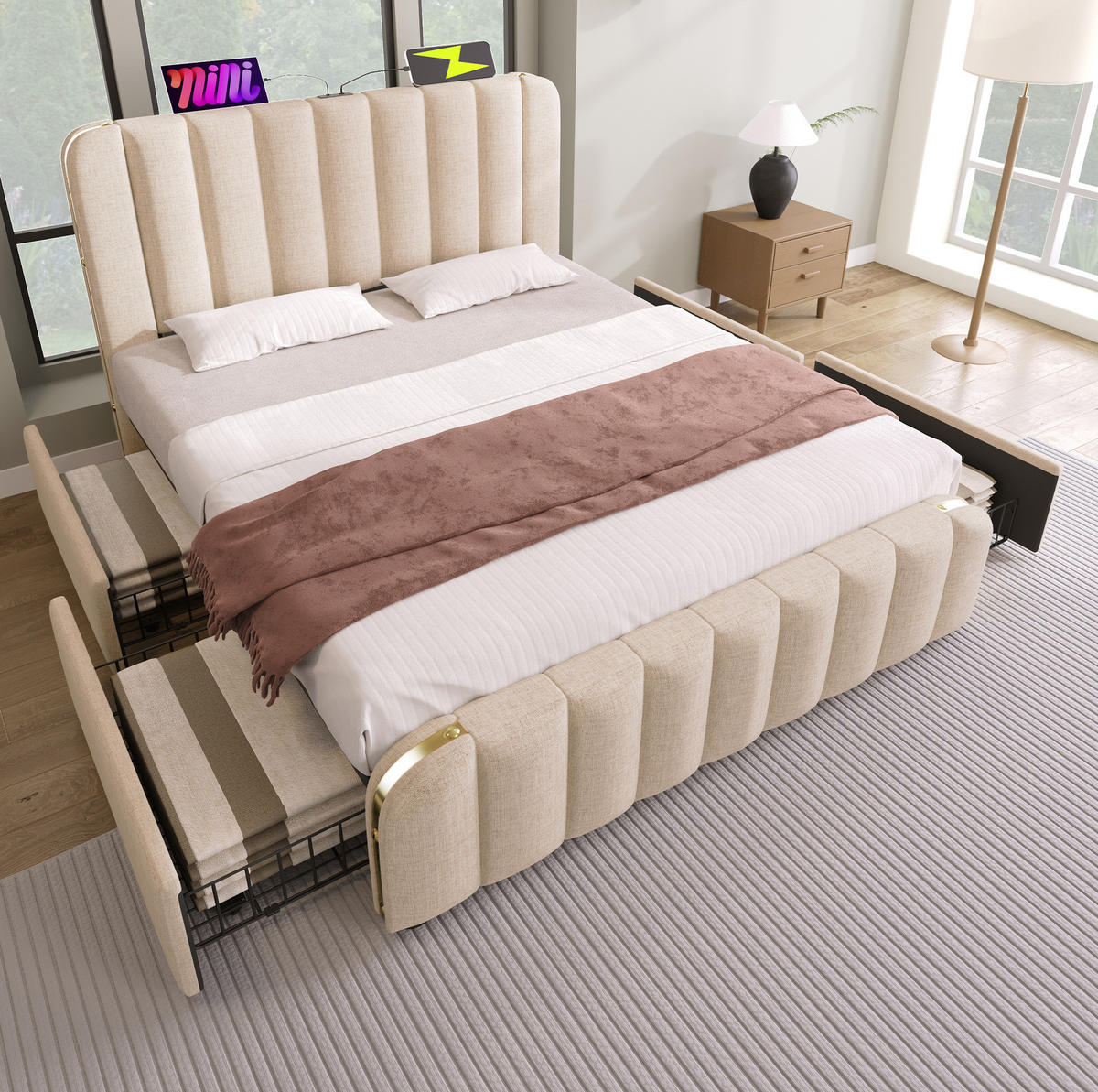 POLSTERBETT mit 4 Schubladen 140x190 cm Leinen Beige USB/Type-C - Beige, Metall (140/190cm) - Meubliv