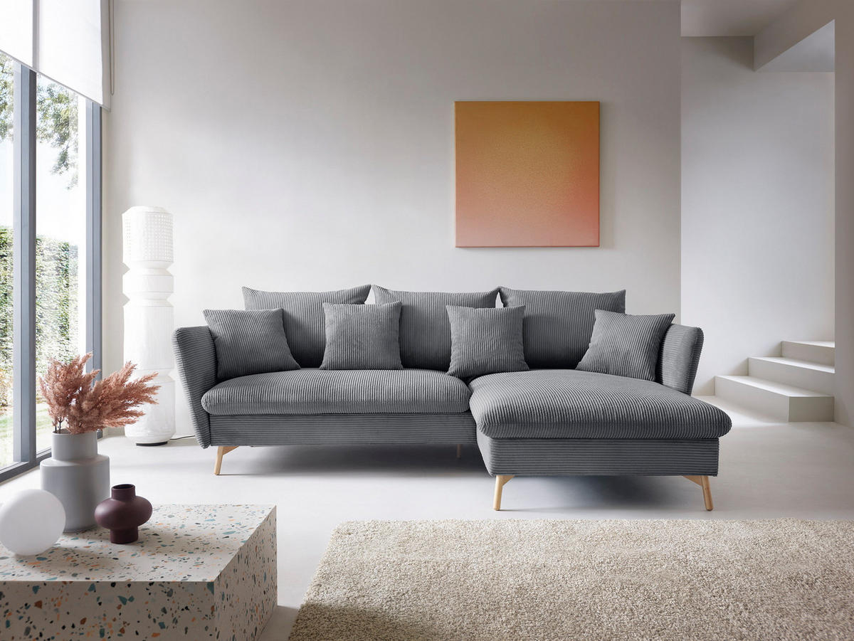 ECKSOFA Savona L-Form 260 cm, Cordstoff, Rechts, Grau - Grau, Holz (167/258cm) - Emporius