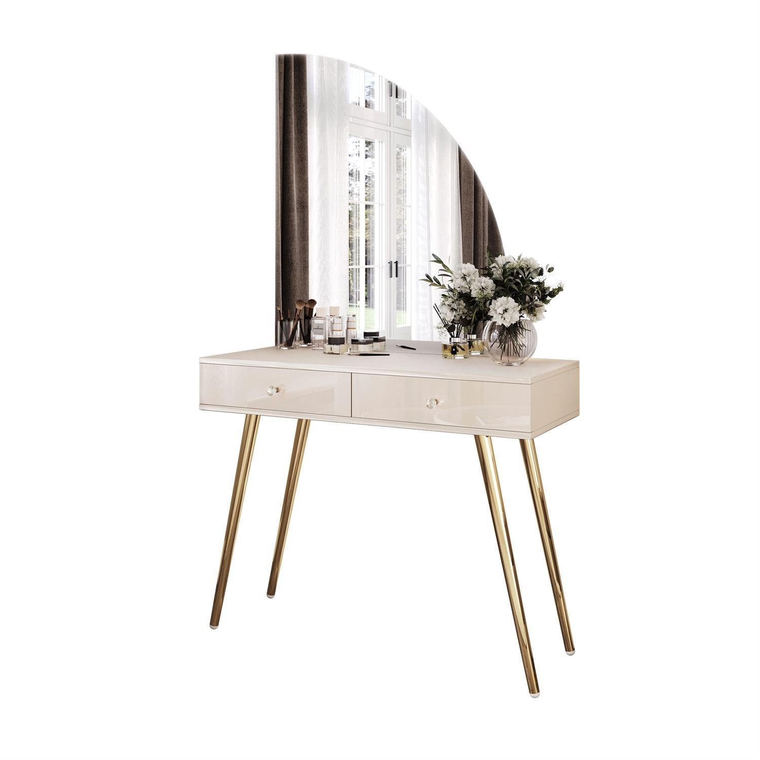 SCHMINKTISCH SIENNA-QS KASCHMIR mit LED-Spiegel Kristallgriff - Beige, Holzwerkstoff (100/81/42cm) - Lookway