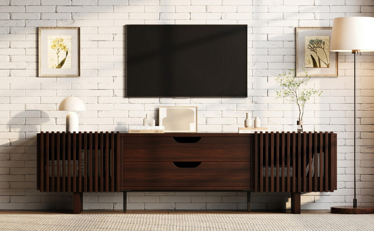 TV-LOWBOARD 180/40/45 cm mit 2 Schubladen, 2 Lamellentüren und Stauraum, Dunkle Walnussfarbe - Braun, Holzwerkstoff (180/45/40cm) - Redom
