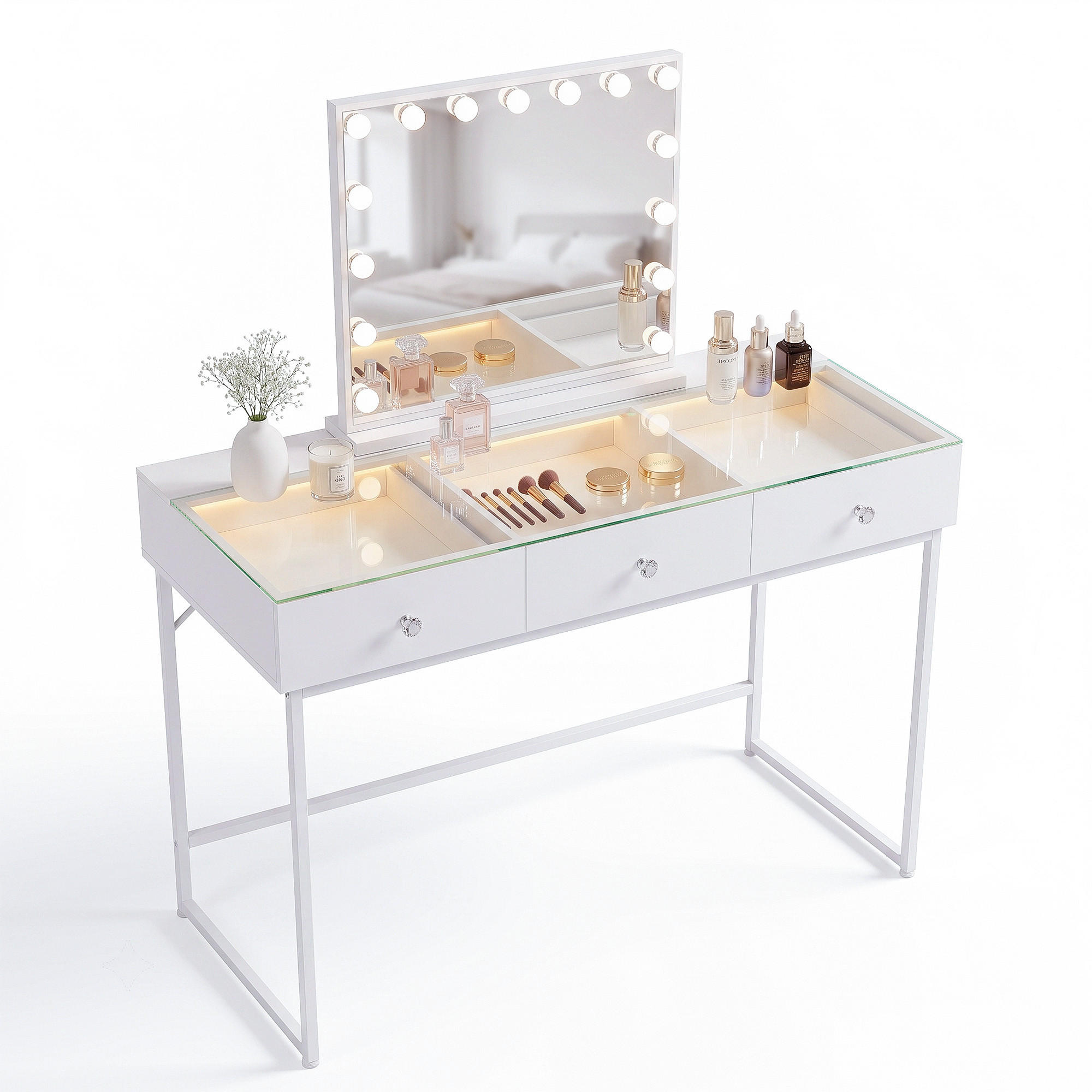 SCHMINKTISCH mit Spiegel Beleuchtung 3 Schubladen Weiβ 115/55/129 CM - Weiß, Holz (55/81/115cm) - VANITII