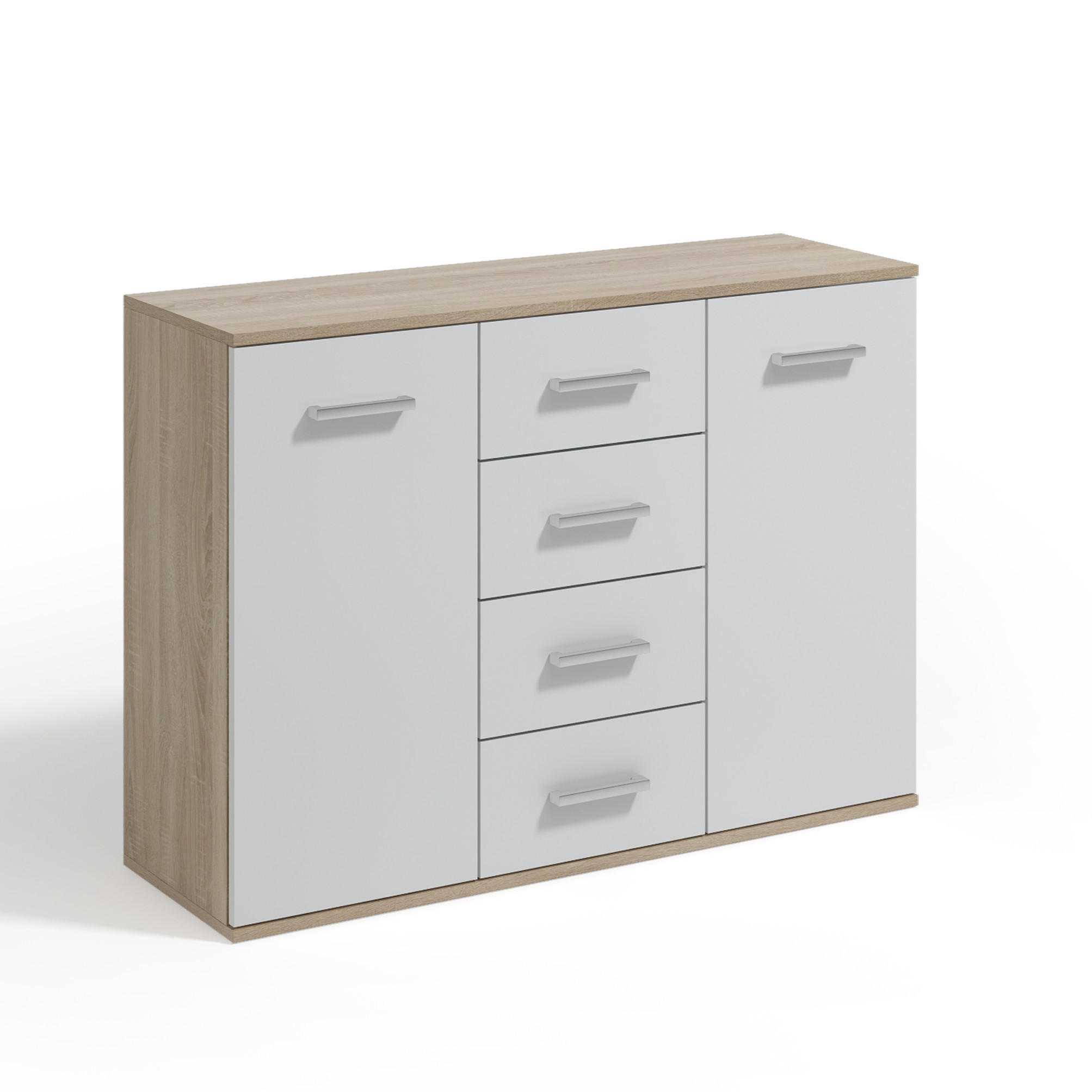 KOMMODE GIACOMO II 112/85/33 cm mit 4 Schubladen 2 Türen Sonoma Eiche - Weiß/Sonoma Eiche, Holzwerkstoff (112/85/33cm) - MASSENO