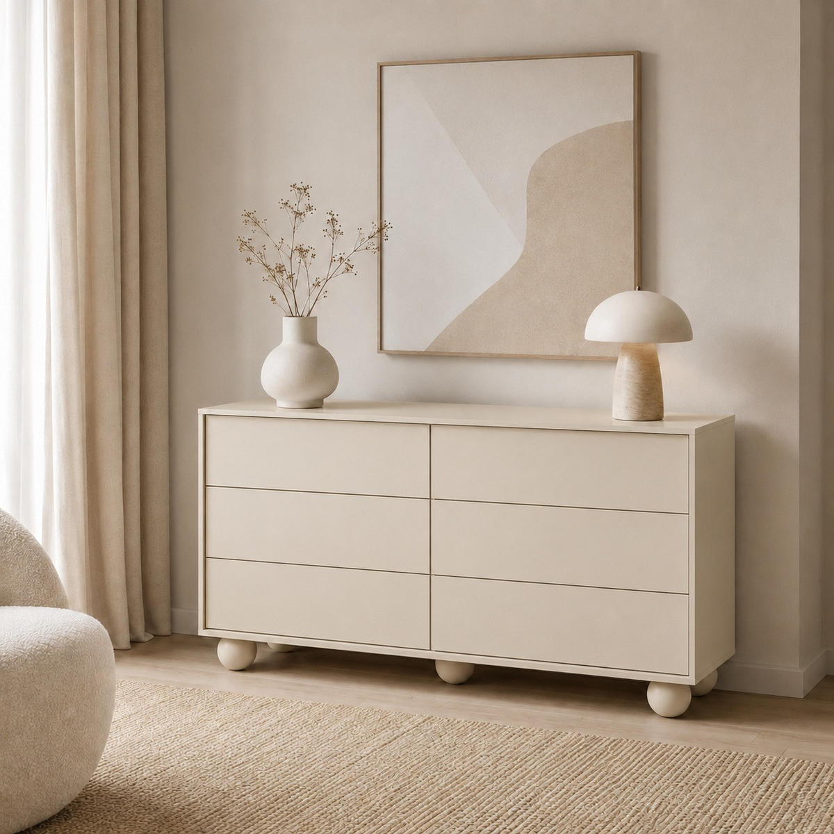KOMODA Adel se 6 zásuvkami a kulatými nožkami, 154 cm, bezúchytková, kašmír - kašmírová, kompozitní dřevo (154/81/38cm) - Beautysofa