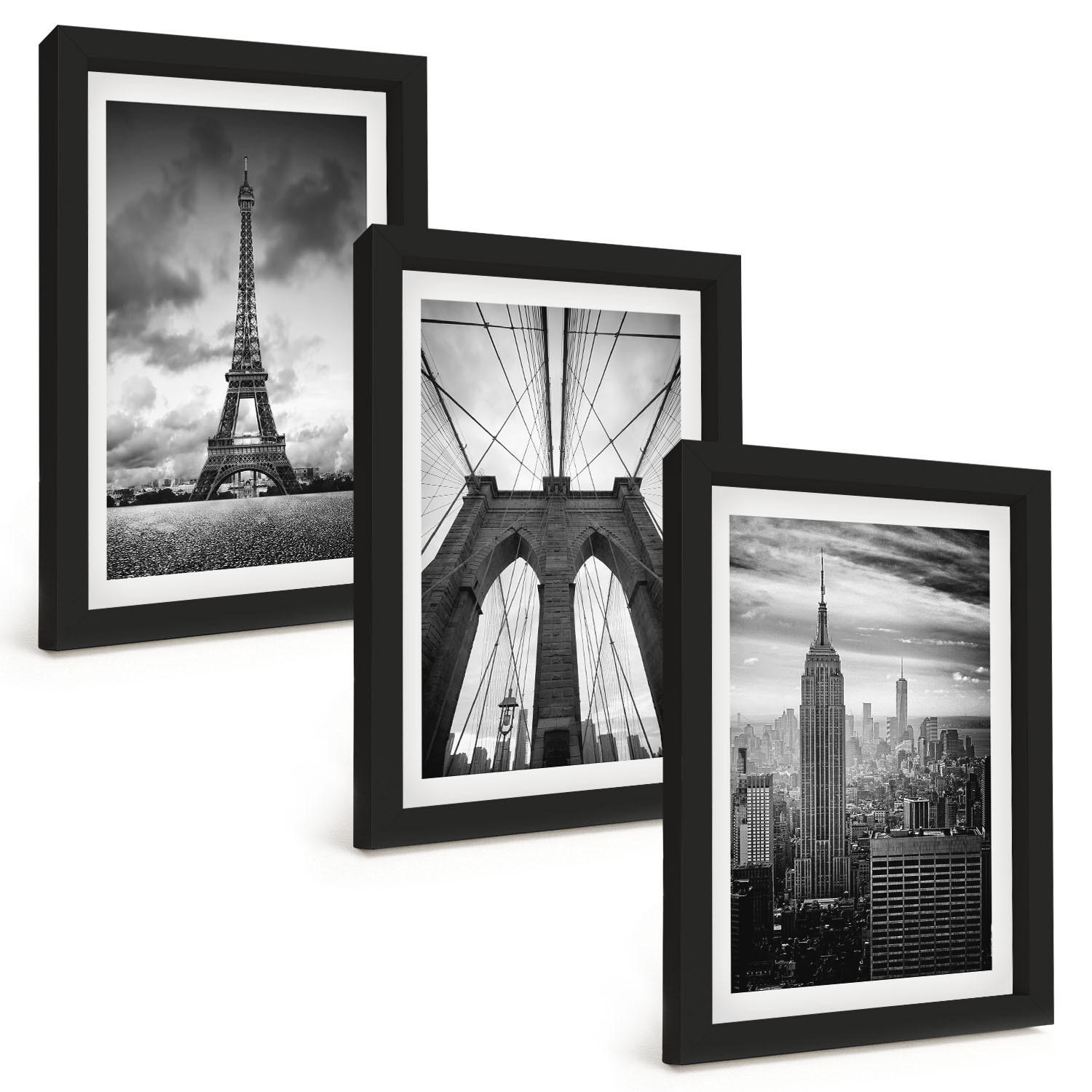 BILDER SET 3er Set - 20x30 cm Schwarzer Rahmen - Monochromatische Brückentürme - Schwarz, Kunststoff (20/30cm) - TULUP