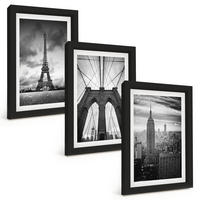 BILDER SET 3er Set - 20x30 cm Schwarzer Rahmen - Monochromatische Brückentürme - Schwarz, Kunststoff (20/30cm) - TULUP