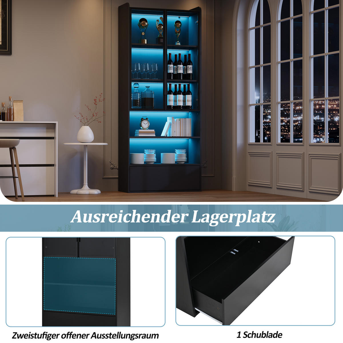 VITRINE 80x34x180 cm Schwarz mit LED und Schublade - Schwarz, Holzwerkstoff (80/180/34cm) - FLIEKS
