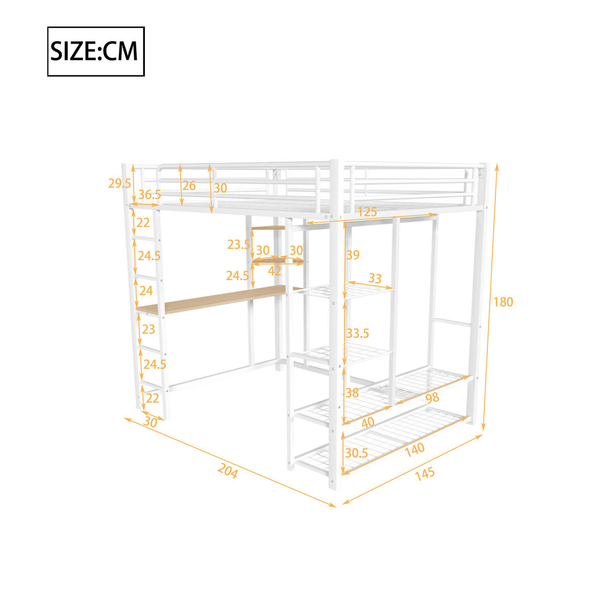 HOCHBETT 140/200 cm weiß aus Metall mit Schreibtisch und Kleiderstange - Weiß, Metall (140/200cm) - OKWISH