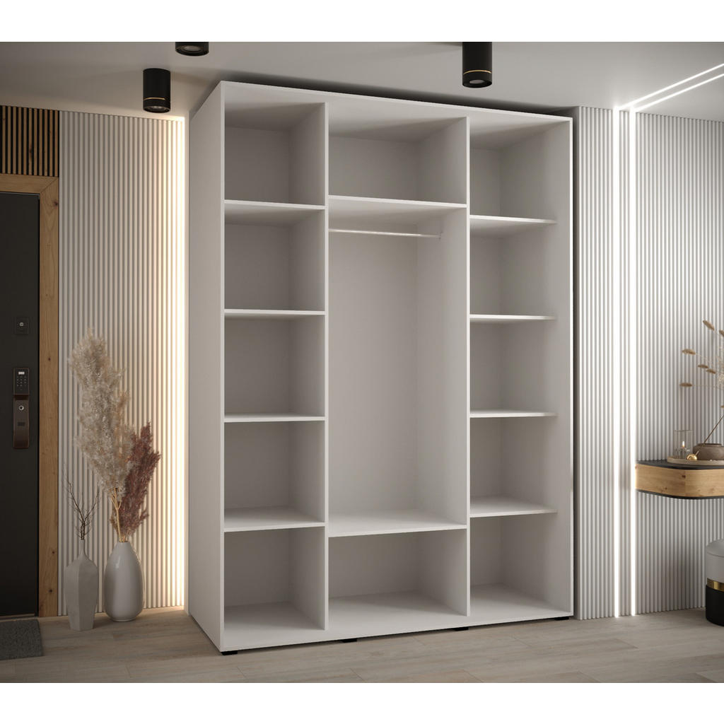 Thumbnail - Abiks Möbel Schwebetürenschrank, Weiß, Eiche Artisan, Schwarz, Metall, Nachbildung, 6 Fächer, 170x235x60 cm, Schlafzimme...