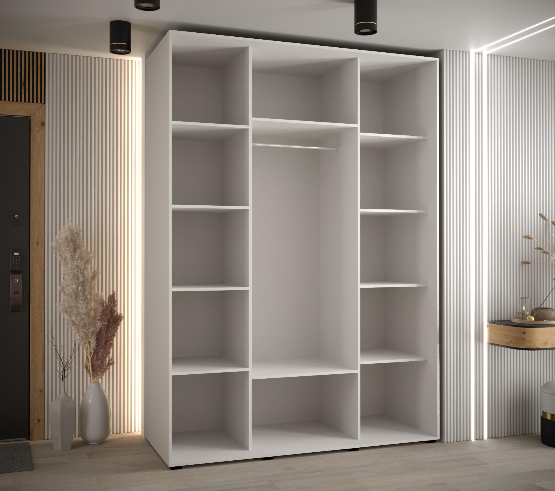 Thumbnail - Abiks Möbel Schwebetürenschrank, Weiß, Schwarz, Schwarz, Metall, Nachbildung, 10 Fächer, 180x235x60 cm, Schlafzimmer, Kl...