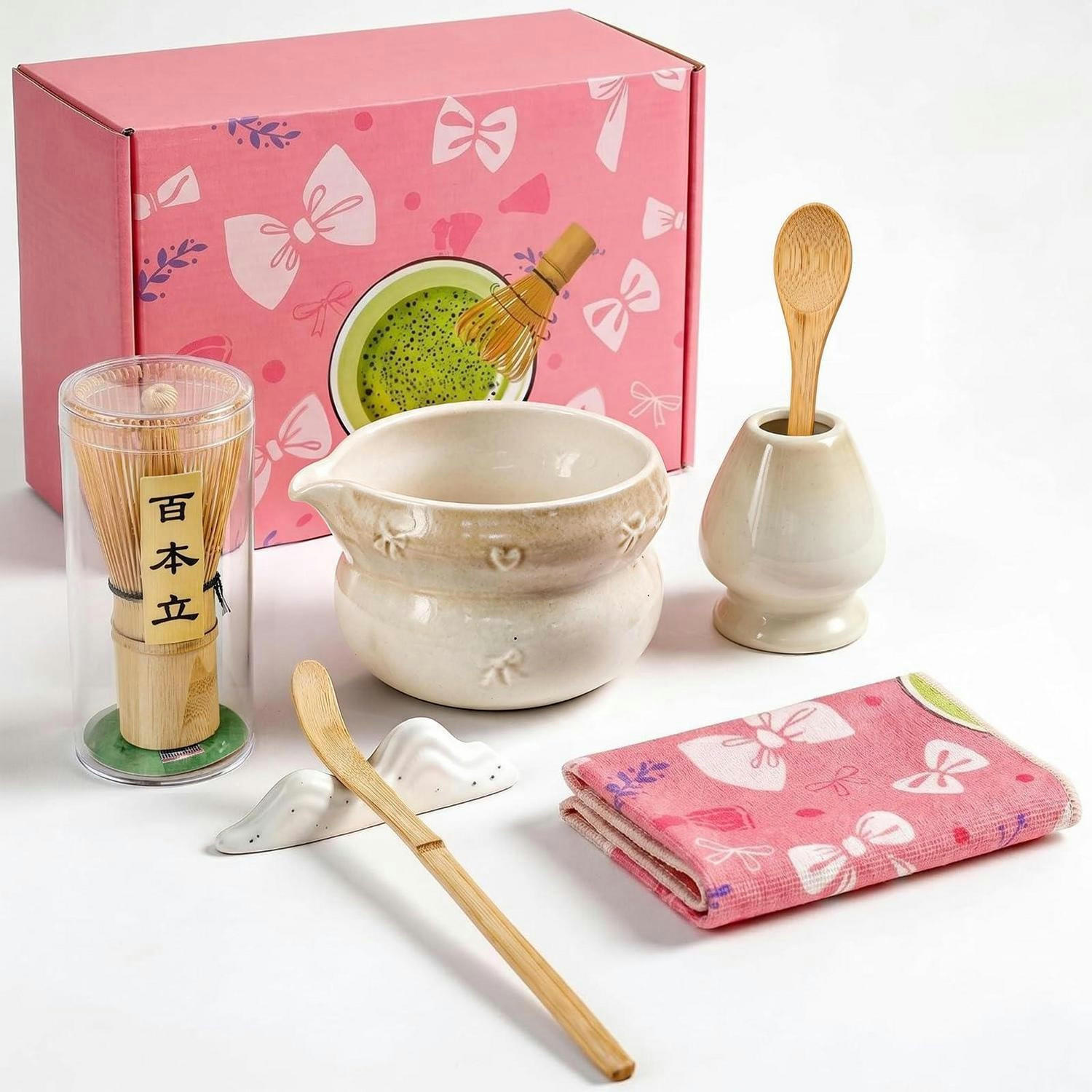 MATCHA Set 8-teilig Keramikschale Bambusbesen Halter Löffel Sieb Tuch Weiß - Weiß, Keramik (16/12/30cm)