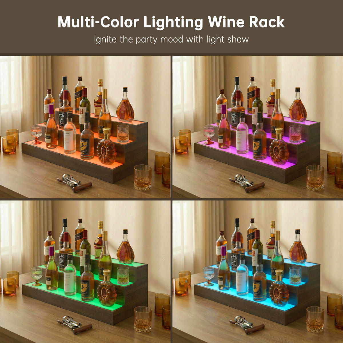 WEINREGAL 95/31/28 cm, Nussbaumfarben, Verbundholz, LED beleuchtet, App & Fernbedienung, 3-stufig, freistehend - Walnussfarben, Holzwerkstoff (95/28/31cm)