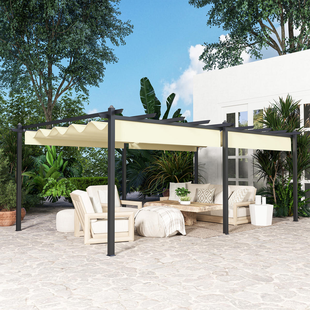 PERGOLA DE-12645 350/600 cm ausziehbar mit Alurahmen Beige - Beige, Metall (358/223/597cm) - ComfortXL