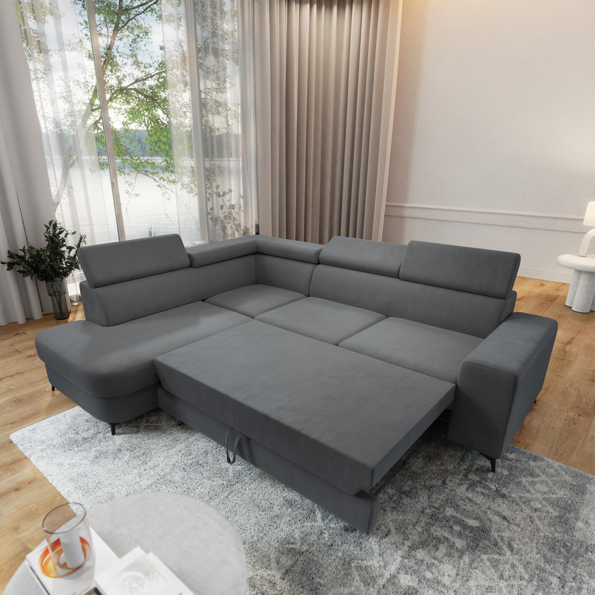 ECKSOFA ALVORO L-S Grau Velours-Stoff mit Schlaffunktion - Grau, Holz (253/190cm) - MASSENO