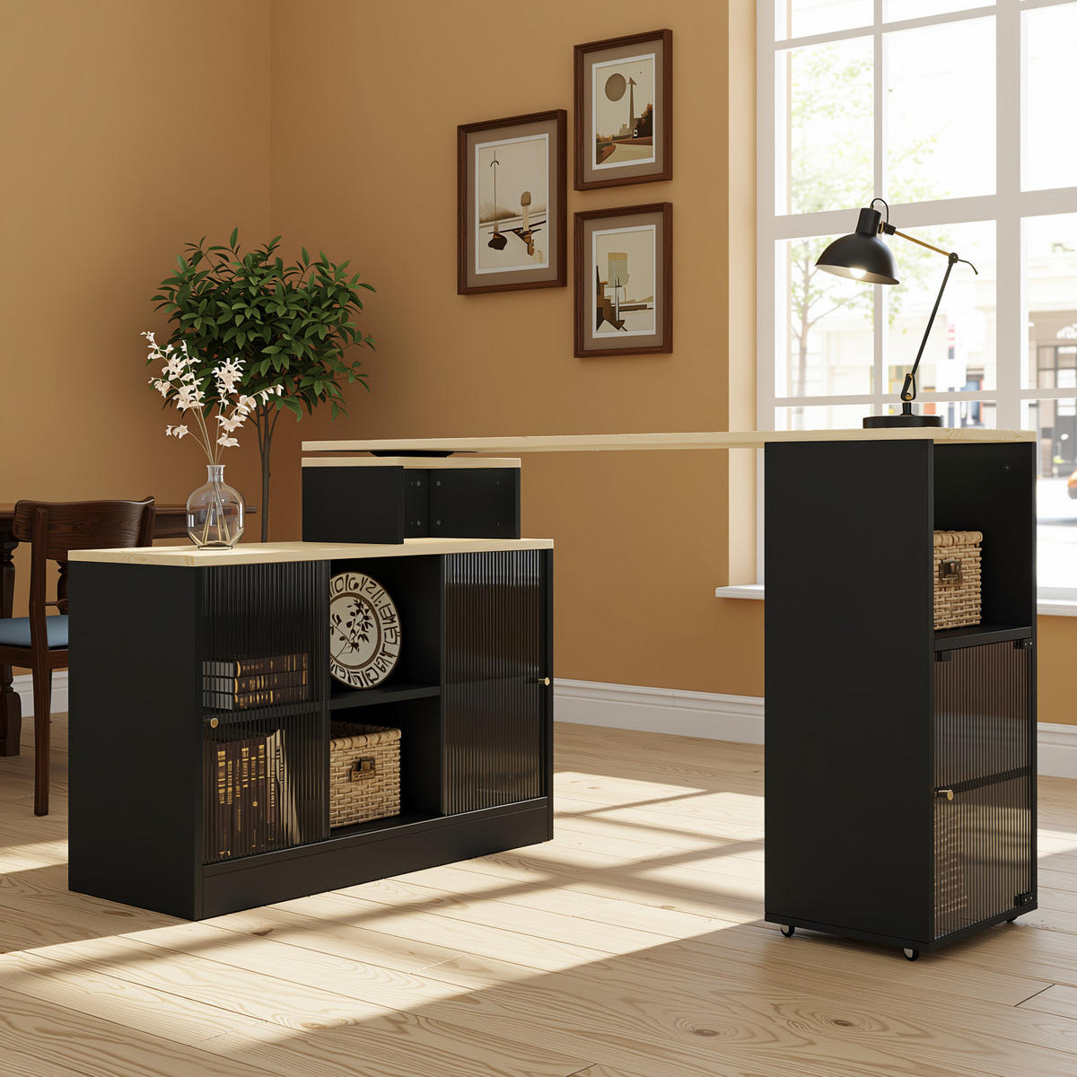 KUCHYŇSKÝ OSTRŮVEK rozkládací 170 cm, černý, otočný, skleněná dvířka - černá, kompozitní dřevo (115/60/100cm) - Urban Meuble