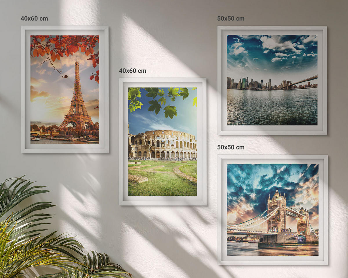 BILDER SET 4er Set - 50x50 cm & 40x60 cm Weißer Rahmen - Denkmäler Europas in warmen Farben - Weiß, Kunststoff (50/50cm) - TULUP