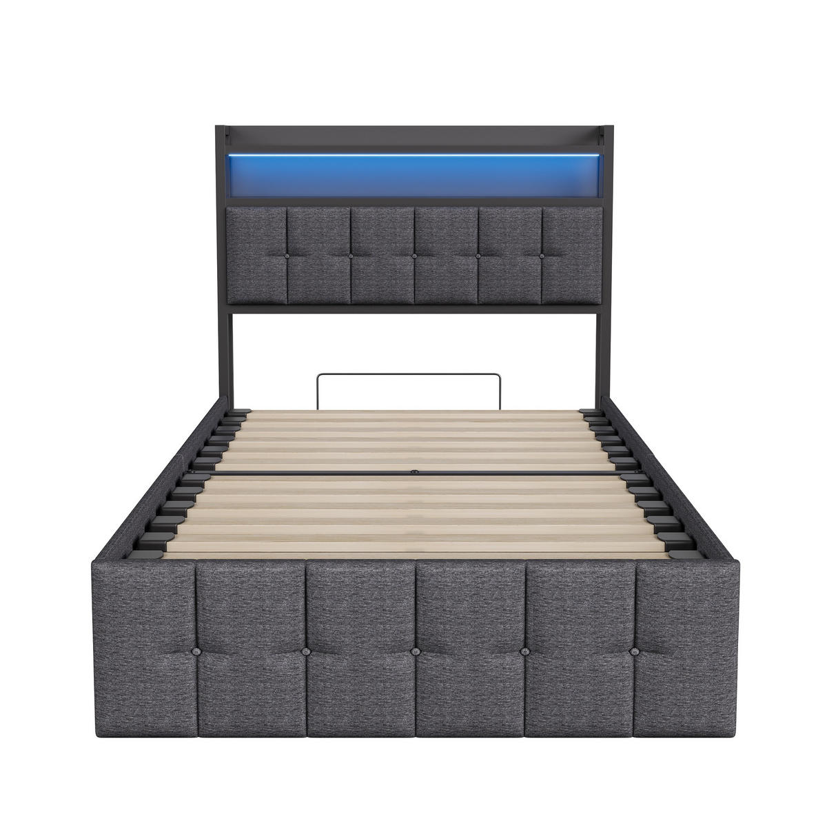 POLSTERBETT 90x200 cm Smart-Sleep Pro mit Hydraulik-Stauraum, RGB-LED & Ladestation, Leinen-Optik, Grau - Grau, Textil (90/200cm) - DELFA
