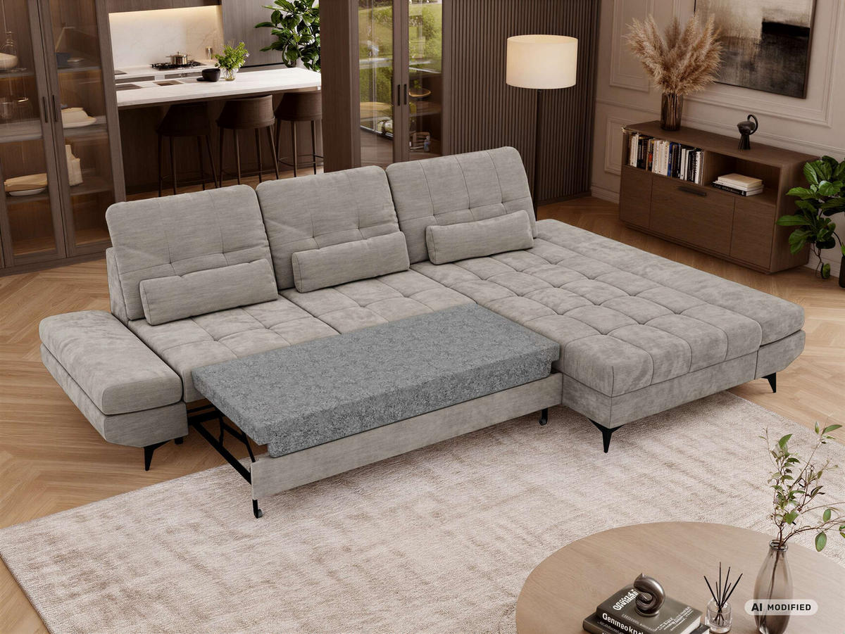 ECKSOFA ALVENO L - Hellgrau Schenille glatt - Rechts Seite - Hellgrau/Schwarz, Textil/Metall (344/218cm) - MKS