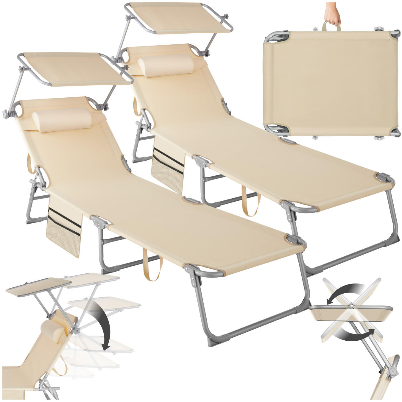 SONNENLIEGE 2er Set Chloé,190 x 68 x 28 cm, mit Seitentasche,beige - Beige, Kunststoff (68/111/161cm) - tectake