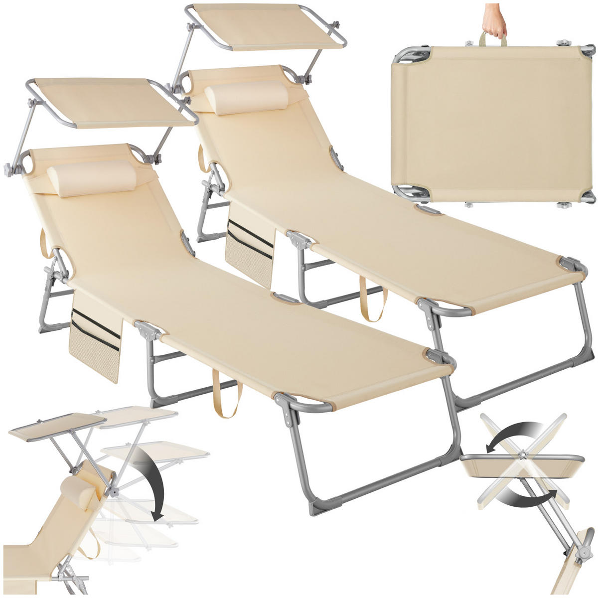 SONNENLIEGE 2er Set Chloé,190 x 68 x 28 cm, mit Seitentasche,beige - Beige, Kunststoff (68/111/161cm) - tectake