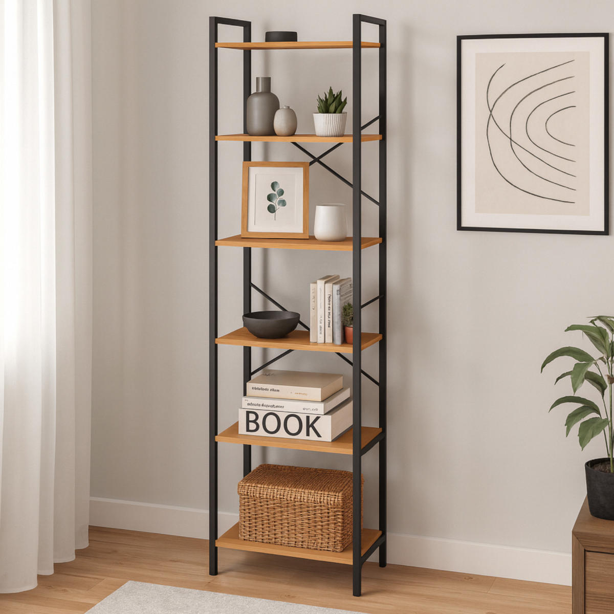 STANDREGAL Holzoptik Metall Eichefarben Schwarz 6 Böden 66x30x186 cm - Eichefarben/Schwarz, Holzwerkstoff/Metall (66/186/30cm) - Begryf