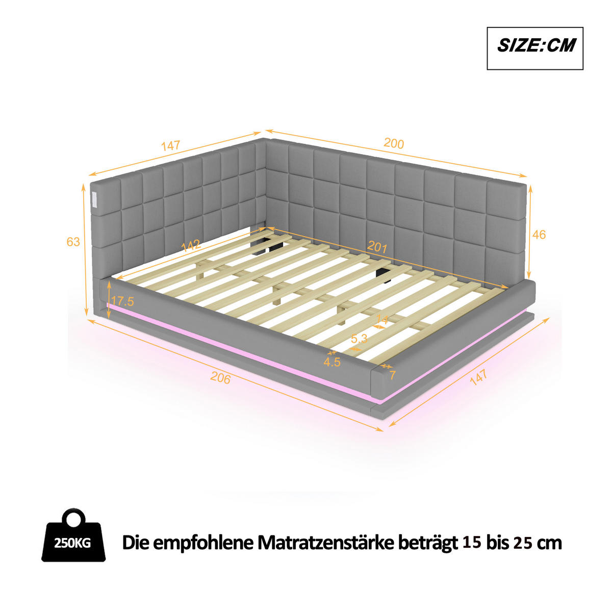 POLSTERBETT 140/200 cm grau aus Leinen mit LED und USB - Grau, Textil (140/200cm) - OKWISH