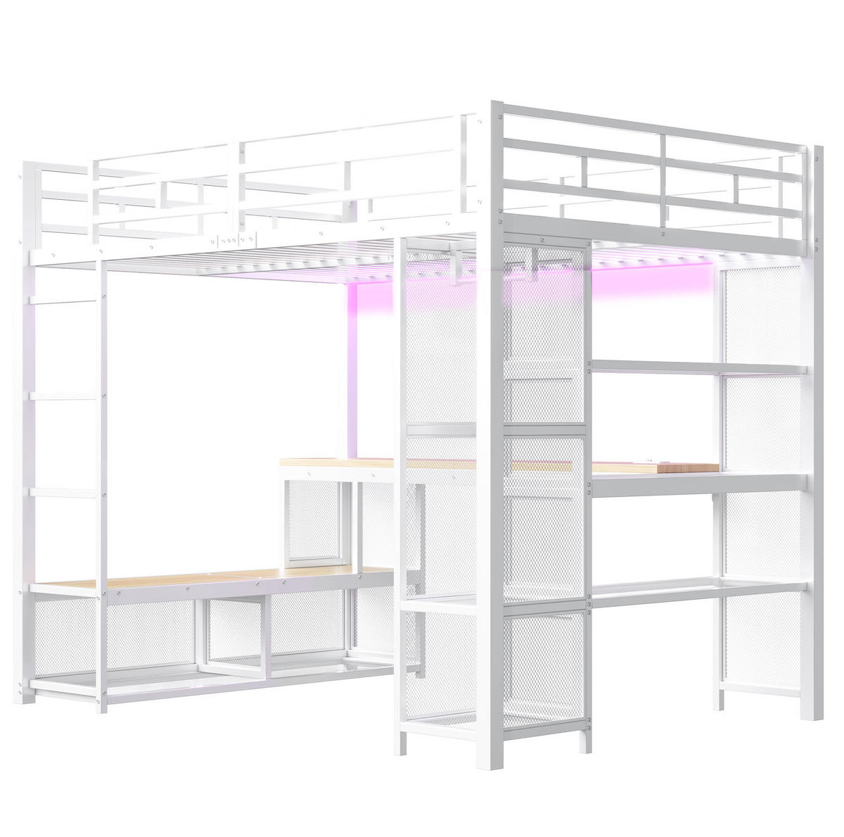 HOCHBETT 140/200 cm aus Metall und MDF mit Schreibtisch, offenem Kleiderschrank, USB und LED-Beleuchtung, Weiß - Weiß, Holzwerkstoff (140/200cm) - Redom