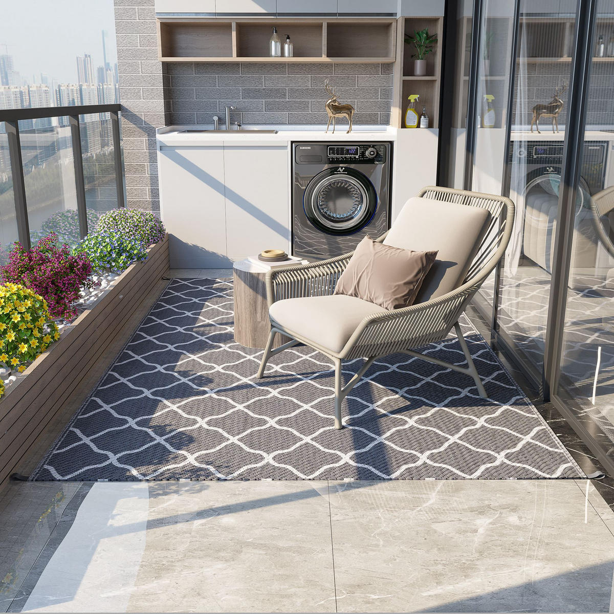 OUTDOOR Teppich robuster Wetterfest Outdoorteppich Carpet mit Netzmuster - Grau, Kunststoff (182/274cm) - Outsunny