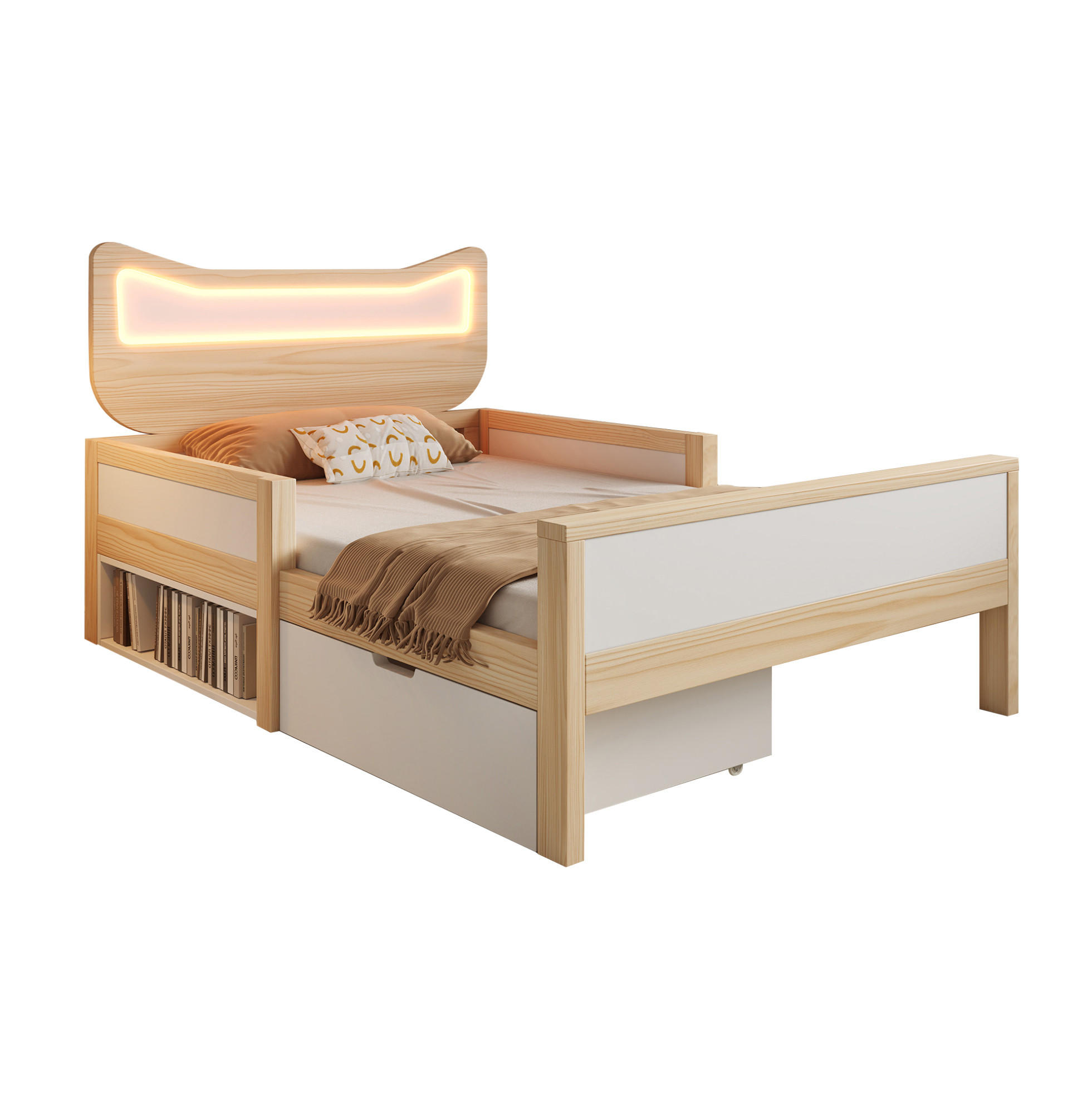 KINDERBETT 90/200 cm Weiß/Eiche mit RGB-LED, Schutzgitter, Lattenrost und Schublade mit Staufach - Naturfarben, Holz (90/200cm) - OKMYHOME