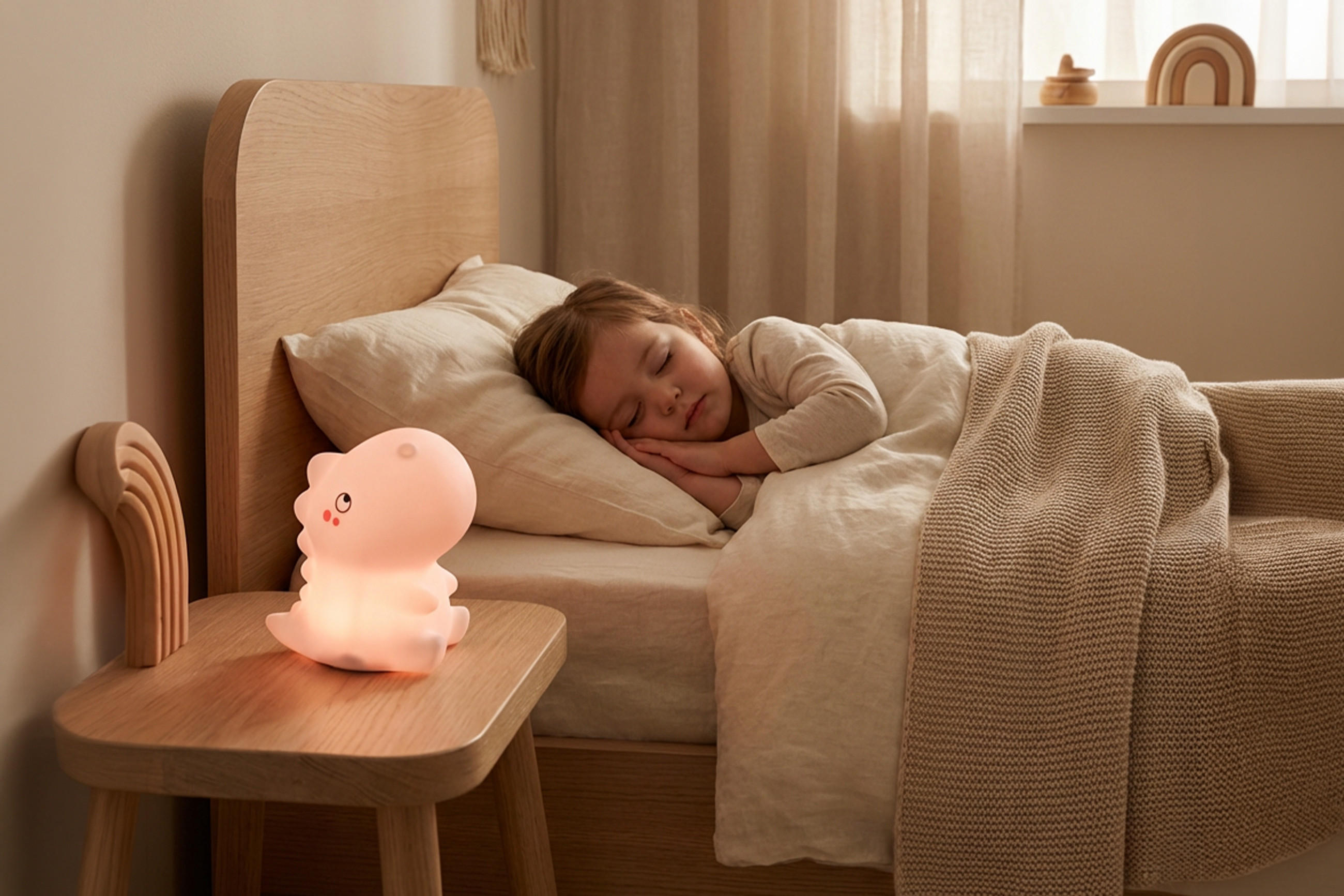 Kind liegt schlafend im Bett neben einem Nachttisch mit einer leuchtenden Dinosaurier-Nachtlampe.