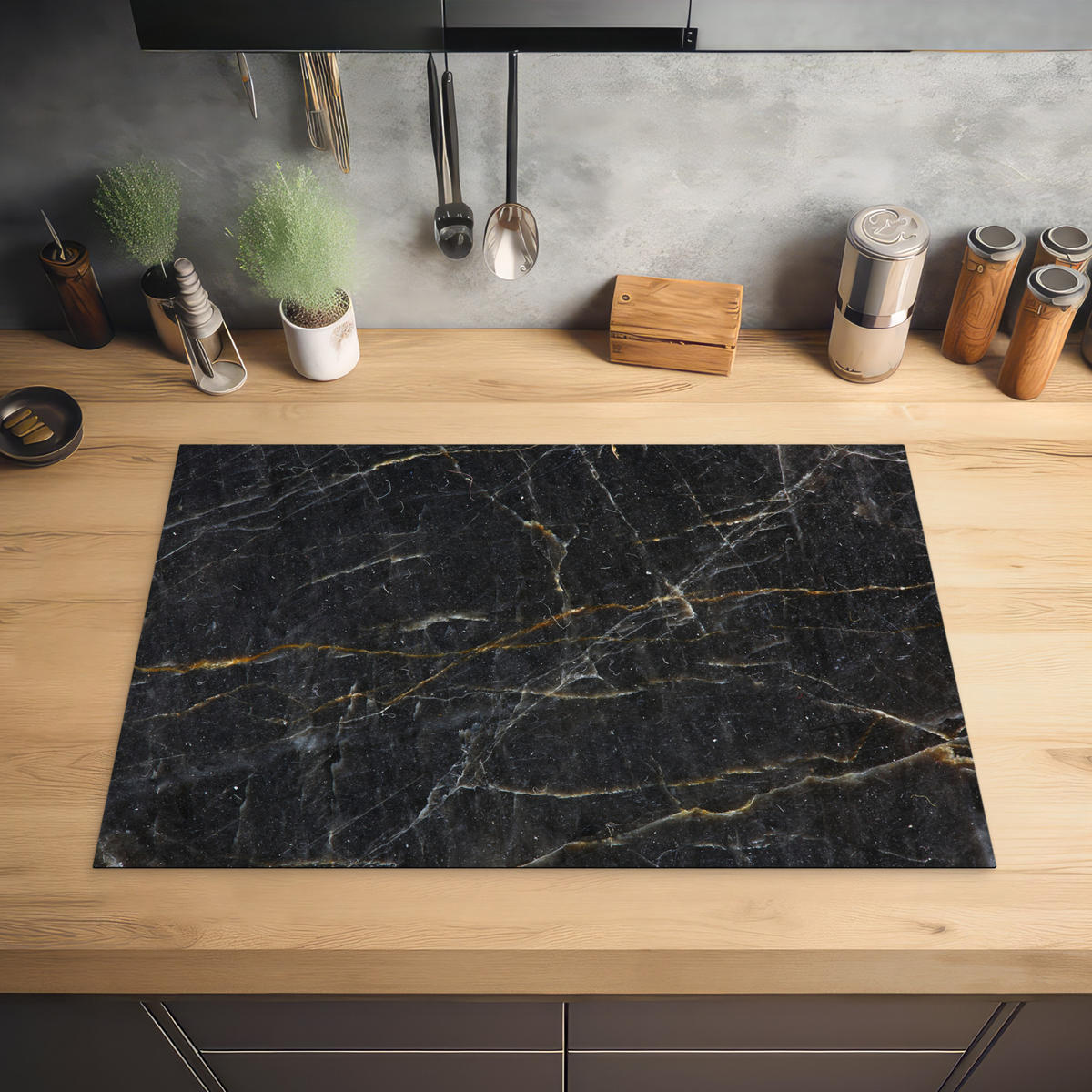 HERABDECKPLATTE - Marmor - Schwarz - Gold - Grau - Marmorstruktur - 74x48 - Goldfarben, Kunststoff (74/48/0.2cm) - MuchoWow