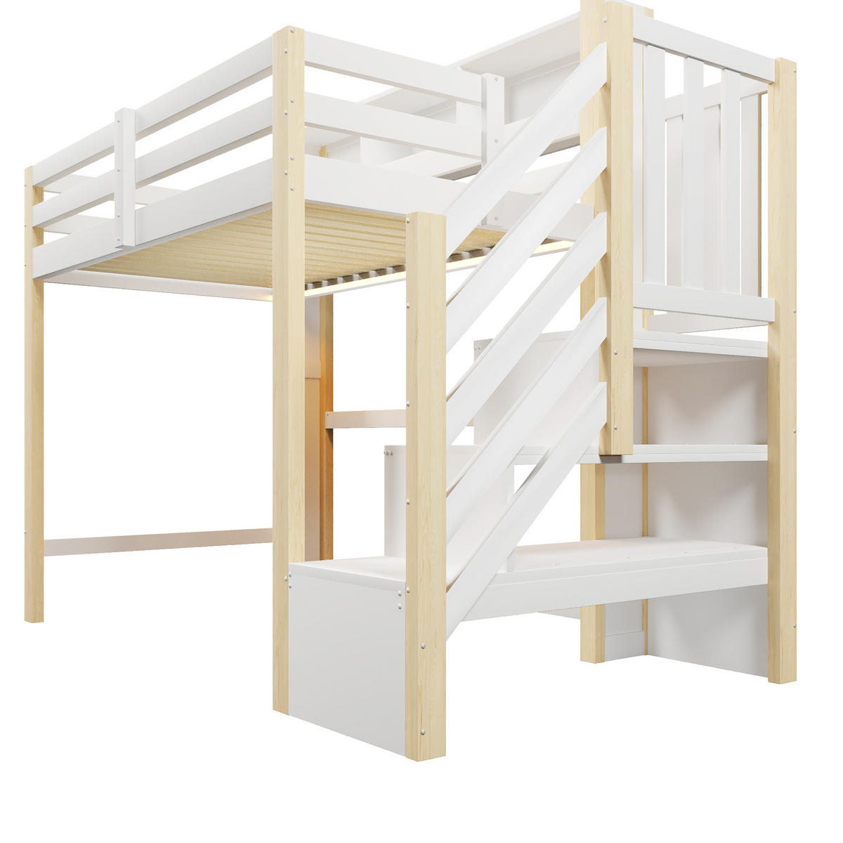 HOCHBETT mit Stauraum und LED 90x200 cm Weiß Natur - Wengefarben, Holz (90/200cm) - Meubliv