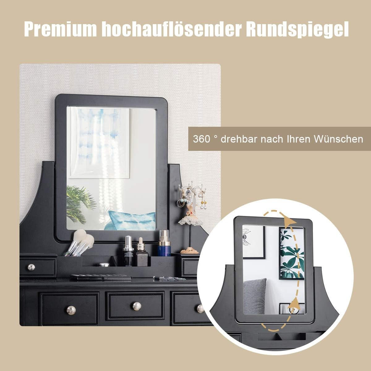 SCHMINKTISCH mit hocker frisiertisch Schwarz - Schwarz, Holz (80/139/40cm) - COSTWAY