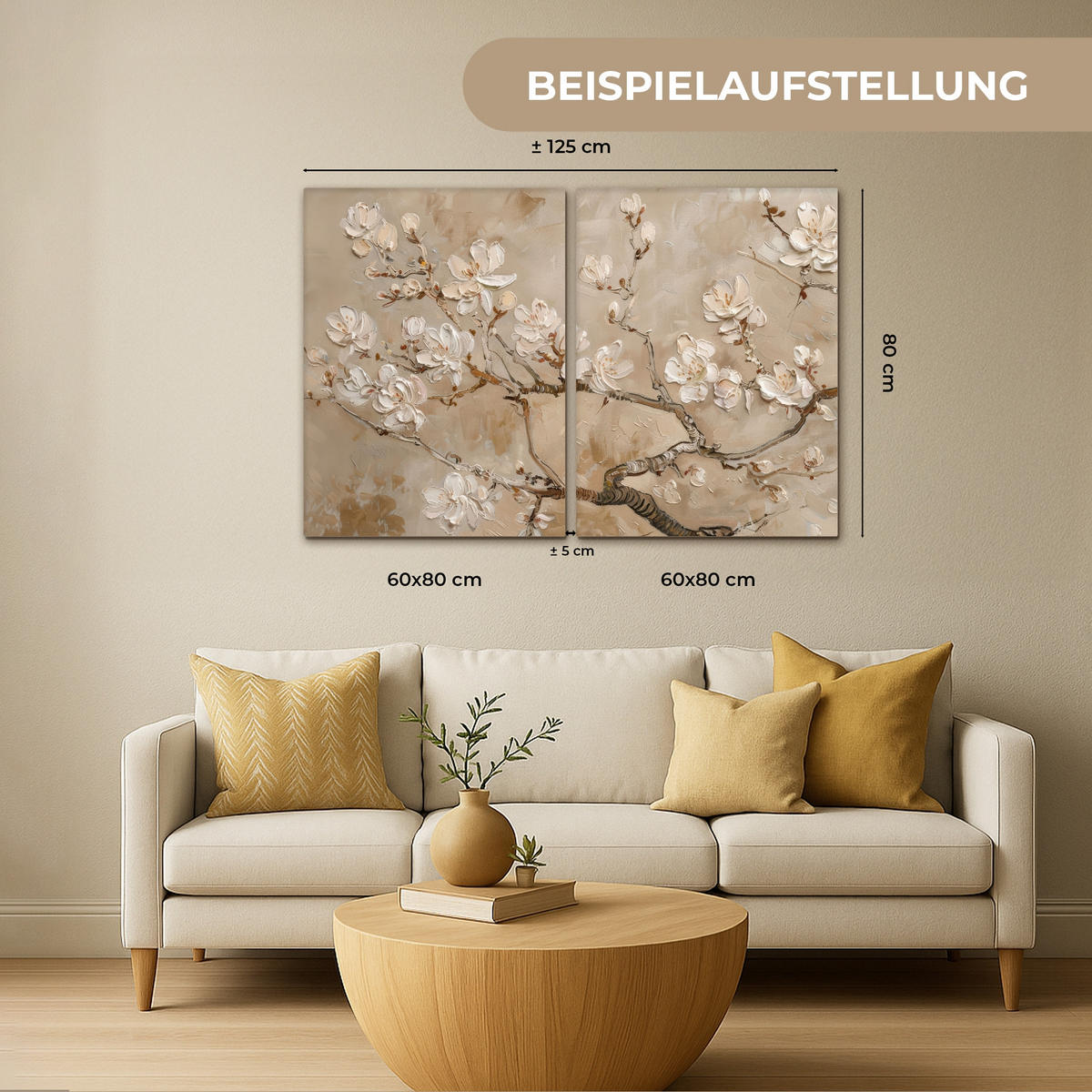OBRAZ NA PLÁTNĚ 2dílná sada Béžová - Blossom - Moderní 100x70 cm - béžová, textil (100/70cm) - MuchoWow