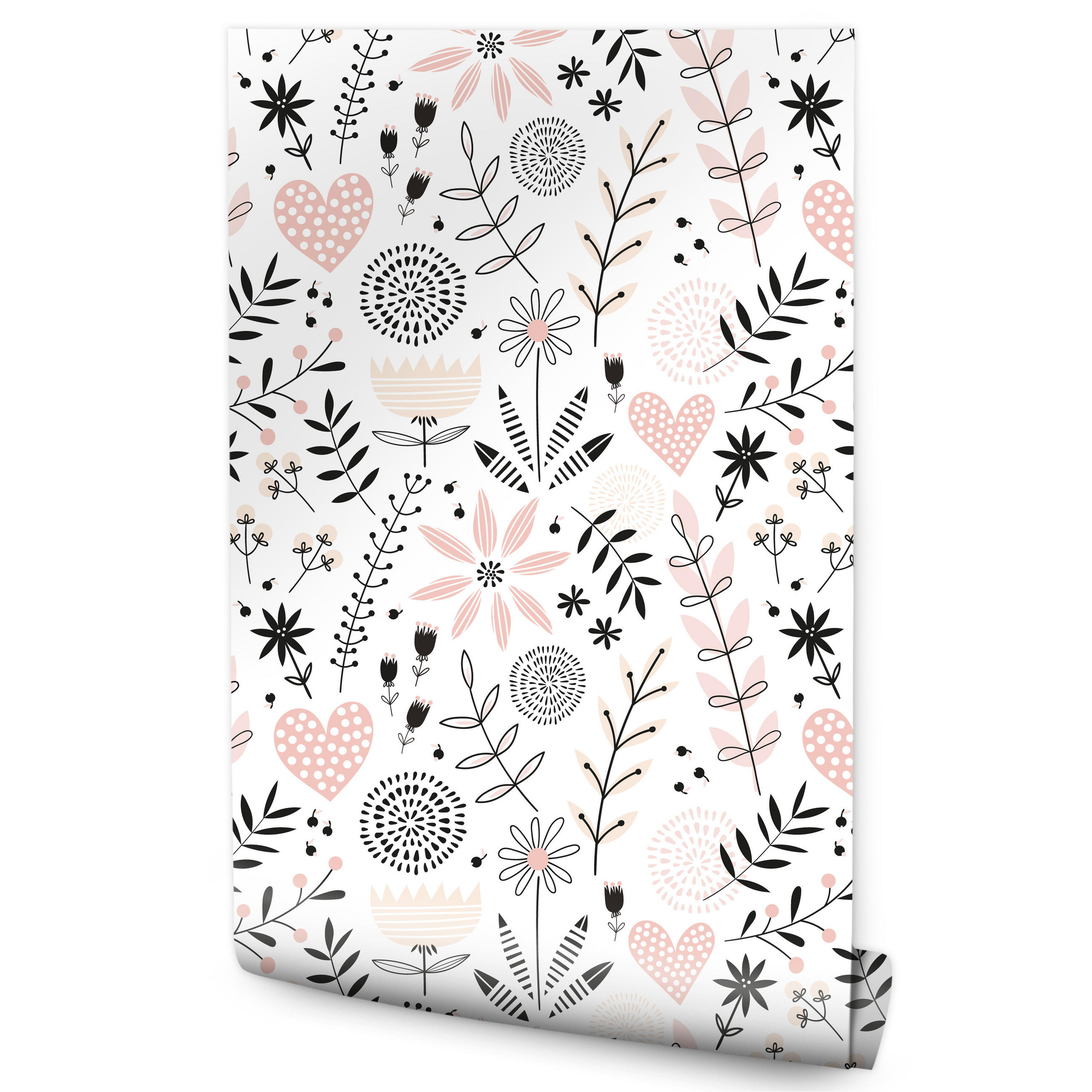 VLIESTAPETE Blumen, Herzen und Blätter – Rosa, Grau, Weiß – 50x1000 cm - Rosa/Weiß, Papier (50/1000cm) - Muralo