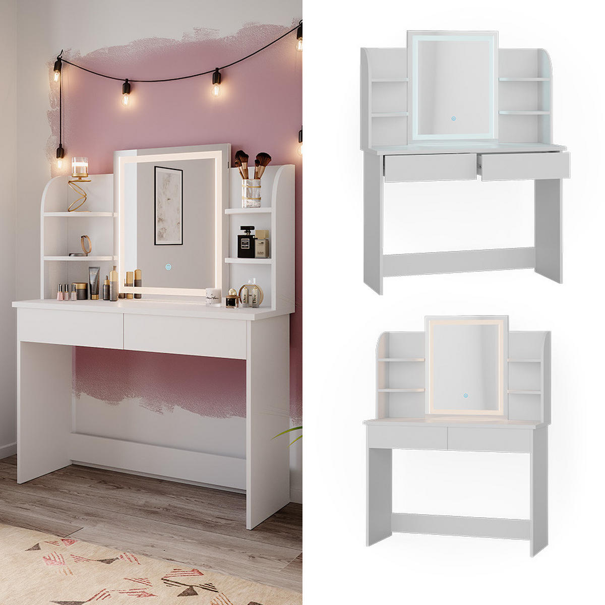 SCHMINKTISCH Charlotte Weiß 106 cm mit LED-Spiegel - Weiß, Holzwerkstoff (106/142/40cm) - Vicco