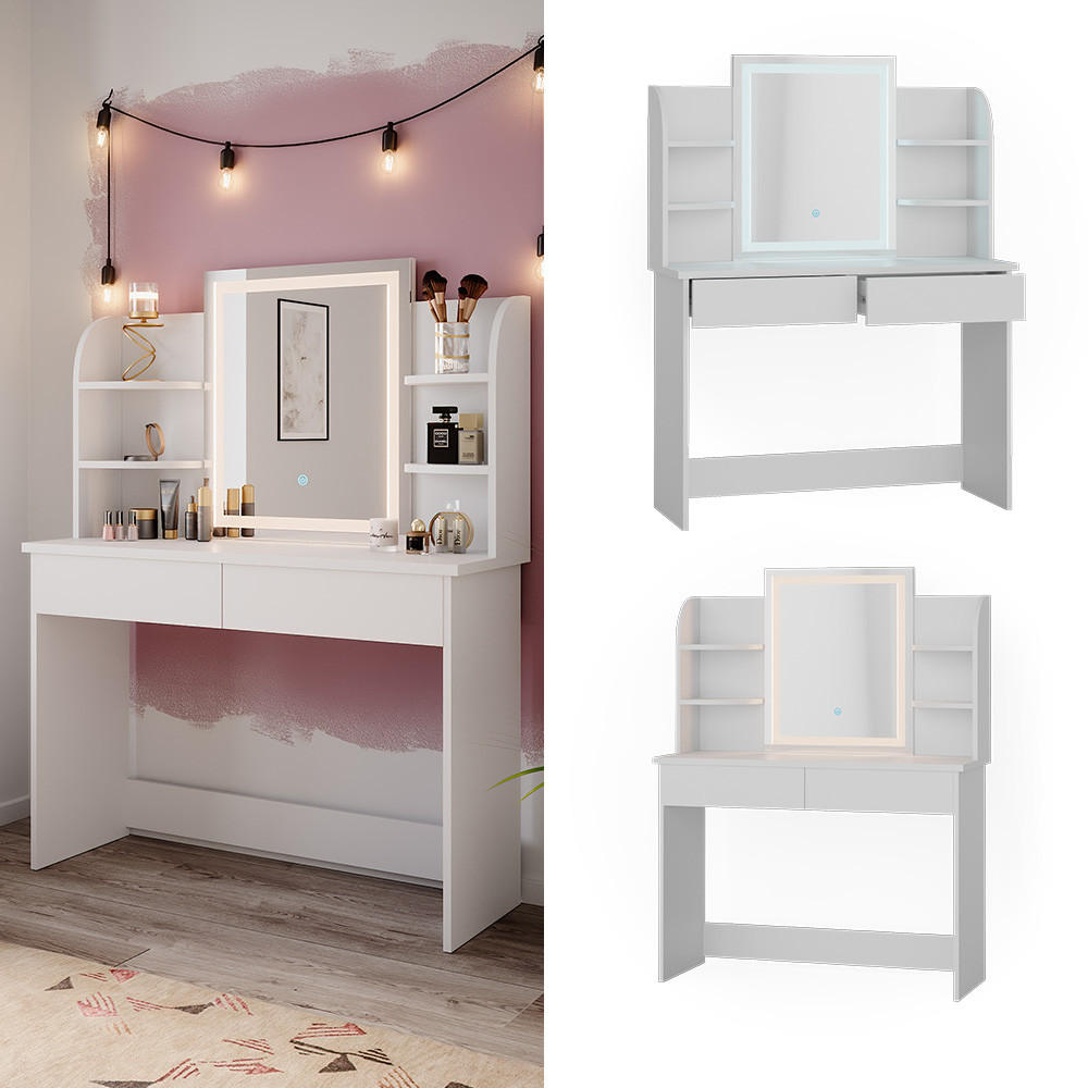 Thumbnail - Vicco Schminktisch, Weiß, Holzwerkstoff, 6 Fächer, 2 Schubladen, Rechteckig,Rechteckig, 106x142x40 cm, Schlafzimmer, Sch...