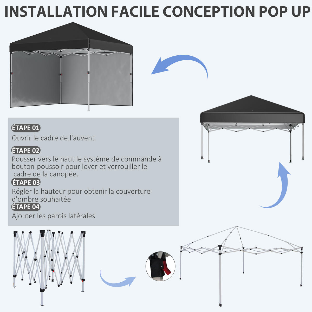 PAVILLON DE-13984 Pop-up 3/3 m, höhenverstellbar UV30+ - Schwarz, Textil (297/288/297cm) - ComfortXL