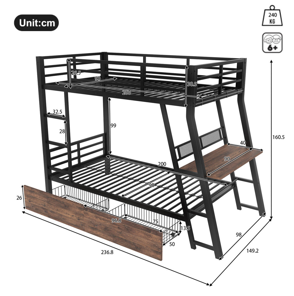 HOCHBETT 90/200 cm aus Metall mit Schreibtisch, LED-Beleuchtung, 2 Schubladen und Treppe, Schwarz - Schwarz, Metall (90/200cm) - Redom