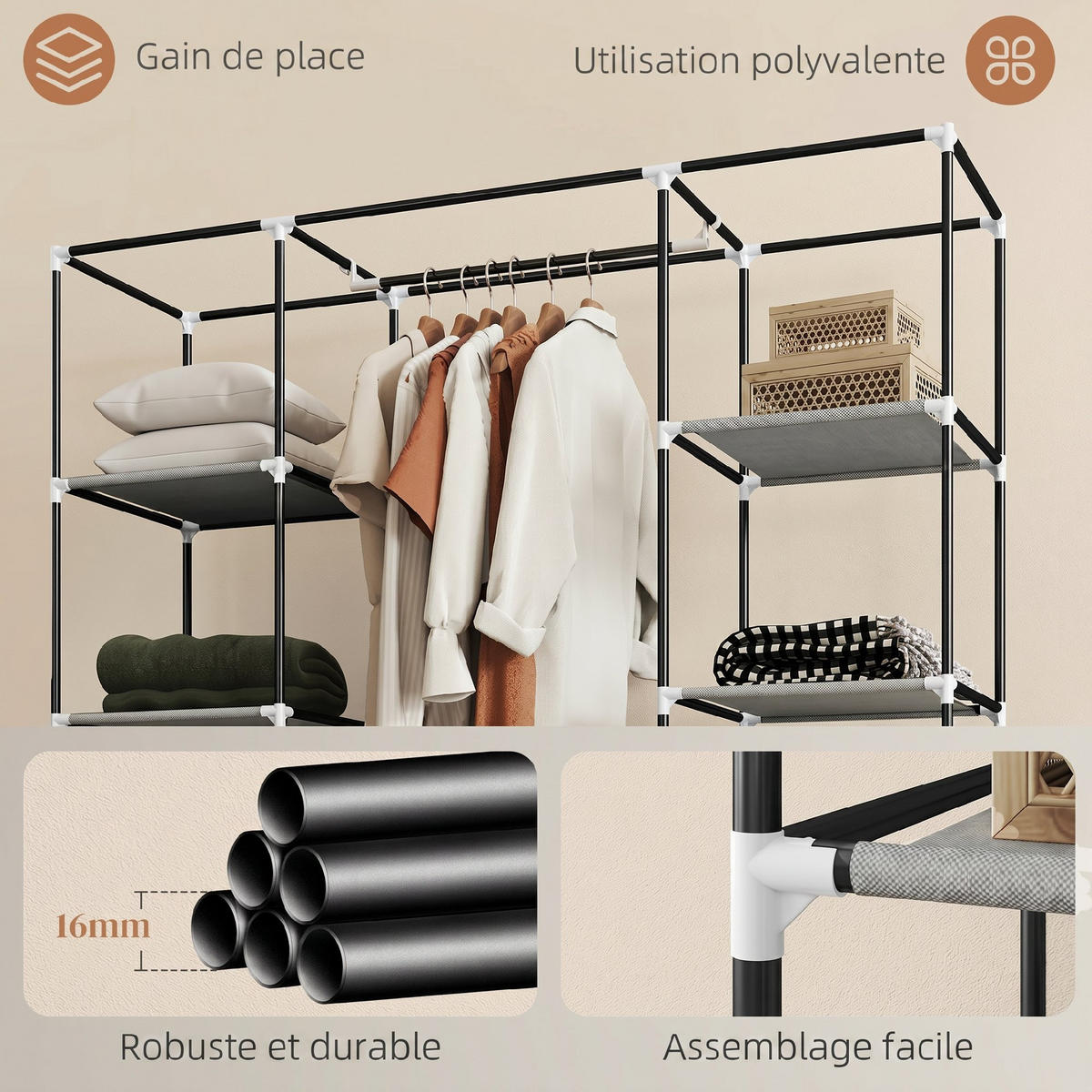 STOFFSCHRANK Hellgrau 1 Stück - Hellgrau, Naturmaterialien (150/162.5/43cm) - GiPP