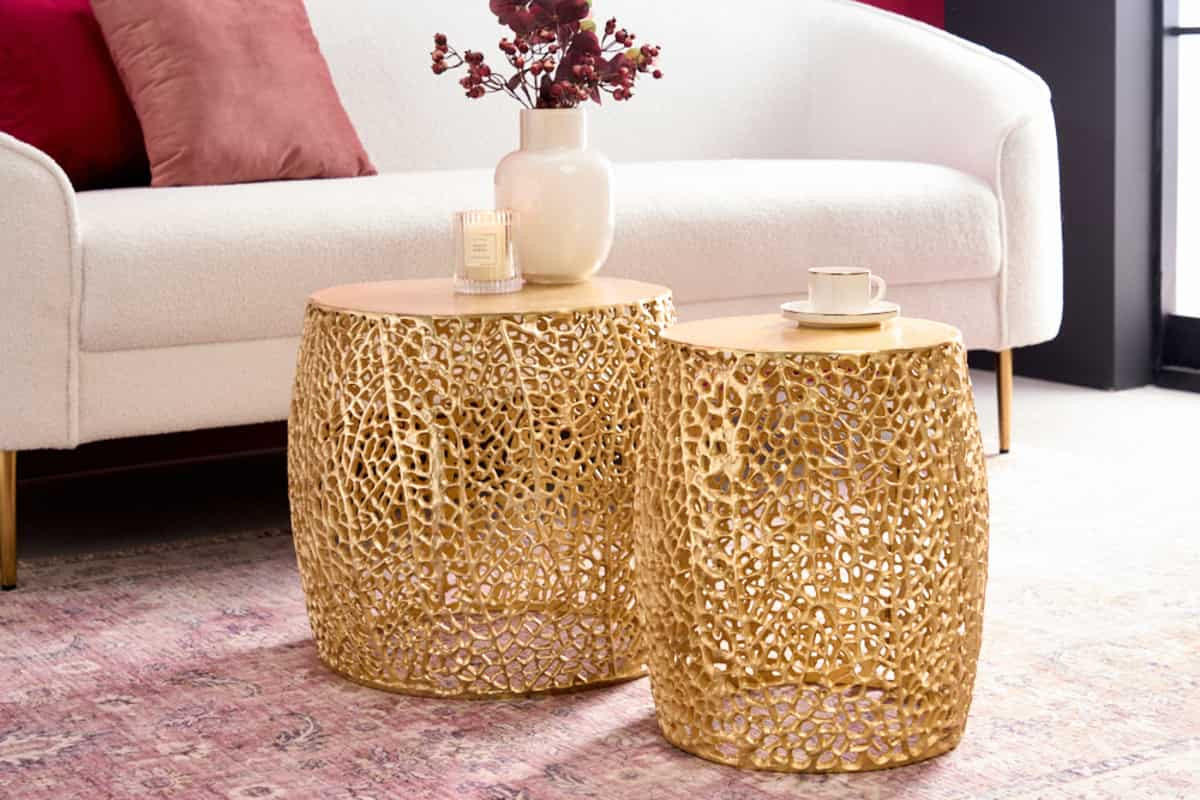 COUCHTISCH 2er Set ABSTRACT LEAF rund Gold 45cm - Goldfarben, Metall (45/45/42cm) - riess-ambiente